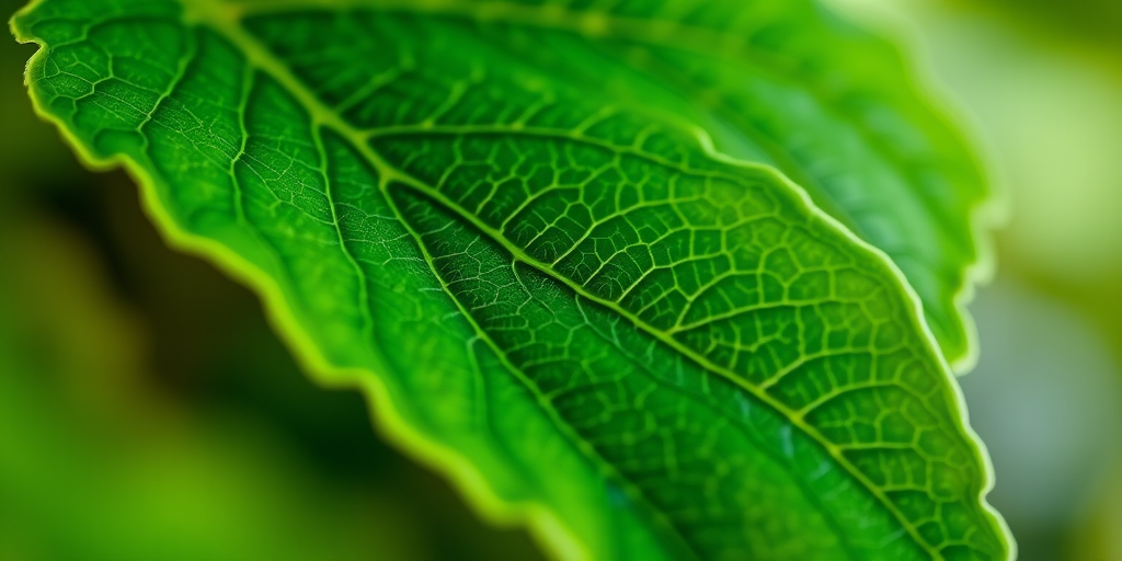 Generate a hyper-realistic image of a green leaf with intricate details and textures, shot with a DSLR camera at f/2.8 aperture, ISO 100, with a 50mm lens, in soft natural light and a slight bokeh effect.