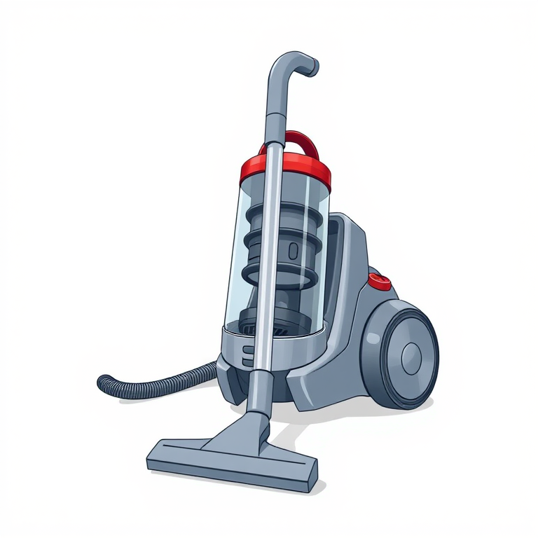 Regenerate a clean and modern illustration of a vacuum cleaner with a focus on minimalism, using a digital art style, shot from a slightly elevated angle to showcase the design, with a high resolution of 300 DPI, 50mm lens, f/8 aperture for depth of field.