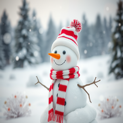 Create a winter scene featuring a cheerful snowman with a red and white striped scarf and matching hat. The background should be a soft, snowy landscape with a blurred effect of falling snowflakes. Include a serene forest of evergreen trees in the distance, adding to the tranquil atmosphere.