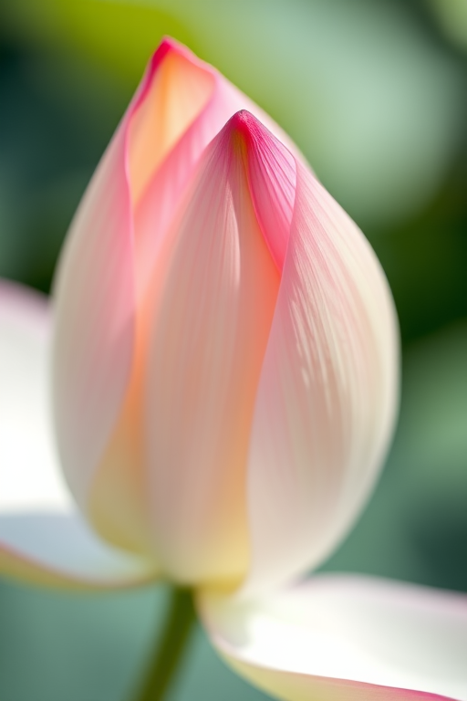 A close-up shot of a delicate lotus flower bud with soft pink and green hues, natural light, shallow depth of field, captured with a DSLR camera using a 50mm lens at f/1.8, ISO 100, and a shutter speed of 1/200 seconds.