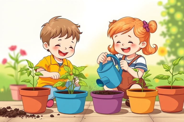 Create an illustration of two children happily planting seeds in pots, with one child watering the plants using a blue watering can, in a bright and cheerful setting, using a Canon EOS R5 with a 50mm lens, f/1.8 aperture, ISO 200, in natural light for vibrant colors and enhanced details.