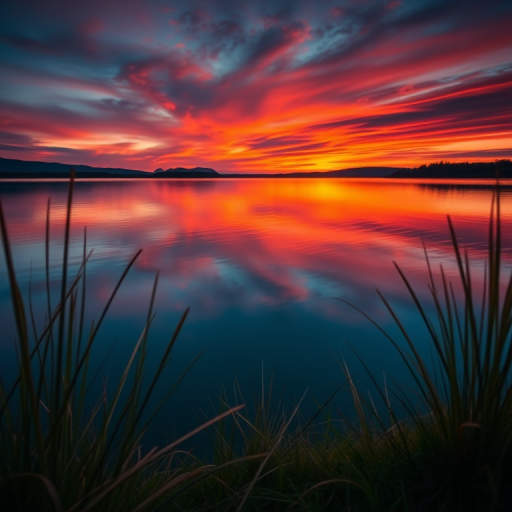 Create a serene landscape at sunset with vibrant colors reflecting on a calm lake, using a DSLR camera with an 18mm lens, f/5.6 aperture, ISO 200, and a 1/250 sec shutter speed, shot from a low angle to capture the foreground details and soften the background.