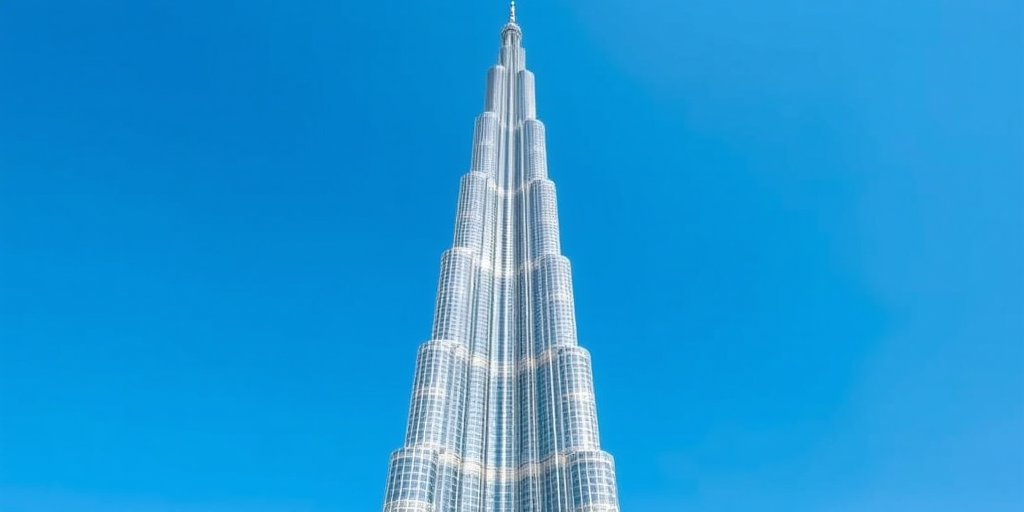 A high-resolution photograph of the Burj Khalifa, captured in bright daylight from a low angle, using a DSLR camera with a 24mm lens, aperture set to f/8, ISO 100, and a shutter speed of 1/250s, emphasizing the skyscraper's height and architectural details against a clear blue sky.