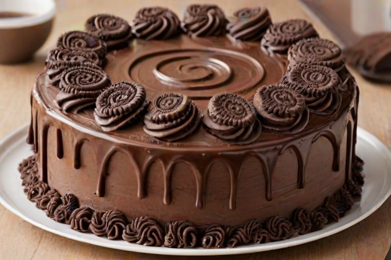 Create an image of a round chocolate cake topped with swirls of chocolate frosting and decorated with Oreo cookies. The cake should have a glossy chocolate ganache dripping down the sides, and the overall look should be rich and indulgent. Include a light, bright background to enhance the cake's presentation.