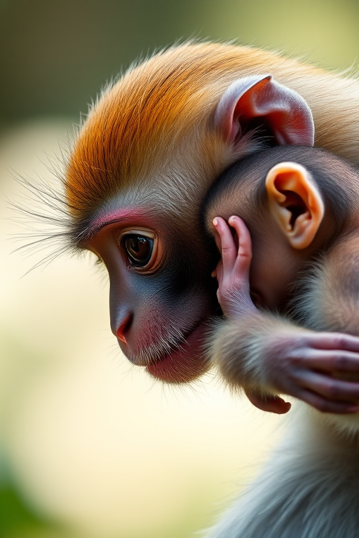 capture a close-up of a mother and baby monkey sharing an affectionate moment, soft focus background, natural lighting, ISO 200, aperture f/2.8, shutter speed 1/500 sec, DSLR camera, macro lens, high resolution