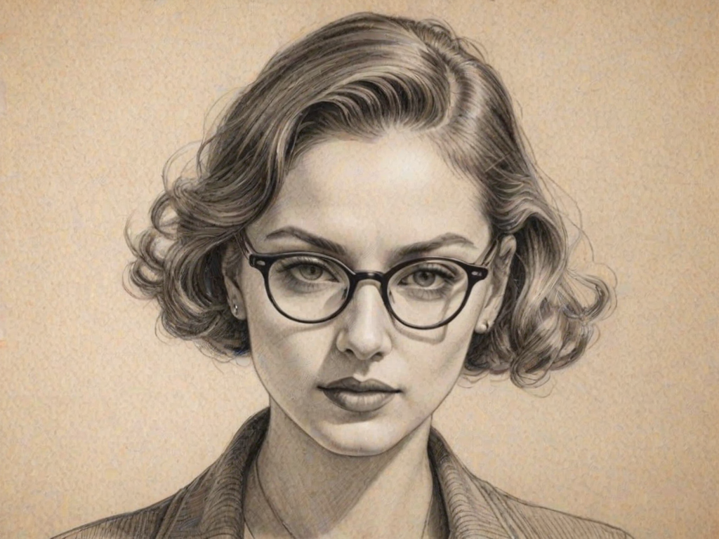 Enticing Daya, pencil sketch, portrait of Captivating woman 1935s in glasses, hair style beatnik, outline, clear lines, fine lines, 8k