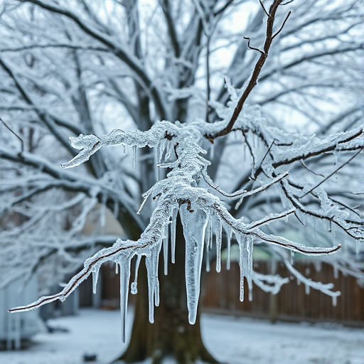 A large ice-covered tree with broken branches in a backyard setting, captured with a DSLR camera, 50mm lens, aperture f/8, ISO 200, focus on the textures of the ice, using a shallow depth of field for background softness and high dynamic range to highlight details.
