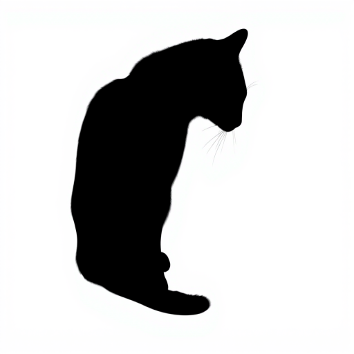 Generate an image of a minimalist black cat silhouette on a white background, captured with a DSLR camera, 50mm lens, aperture f/1.8, ISO 100, in soft natural lighting and centered composition.