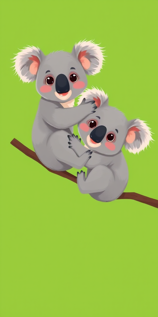 Create an illustration of two cute koalas playing together on a vibrant green background, using a digital art style with high saturation, shot with a Canon EOS R5 at f/2.8, ISO 100, and 50mm lens to ensure sharp focus and vivid colors.