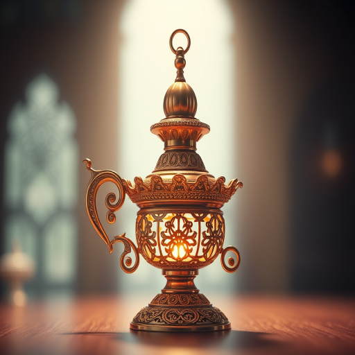 Create a highly detailed 3D rendering of an ornate oil lamp, illuminated softly from above to highlight its intricate design, using a DSLR camera with a 50mm lens, aperture set to f/1.8, ISO 100, and a shallow depth of field for a dreamy background blur.