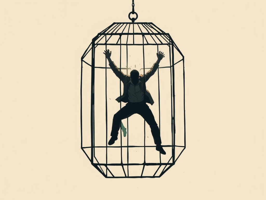 Create a high-resolution illustration of a figure breaking free from a geometric cage, using a Canon EOS R5 with a 50mm lens, set to f/2.8, ISO 100, and a shutter speed of 1/250s, in a dramatic portrait style against a plain background for emphasis on the subject.