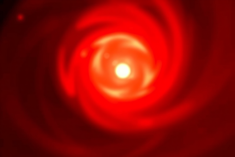 Create an abstract image of a swirling red background with a faint light source, using a Canon EOS 5D Mark IV, 50mm f/1.8 lens, ISO 100, f/8 aperture, 1/100 sec shutter speed, and a shallow depth of field to enhance clarity and detail.