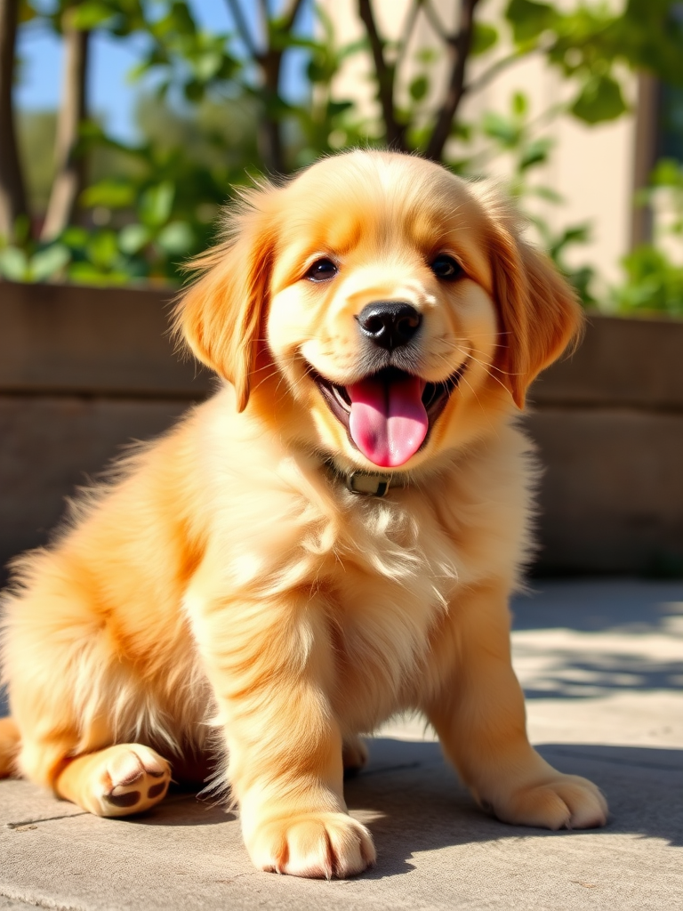 Cute golden retriever puppy with fluffy fur sitting and smiling with its tongue out in a sunny environment.