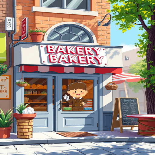 Create a vibrant and detailed illustration of a bakery storefront with a cartoon chef character, using a DSLR camera with a 50mm lens, aperture f/2.8, ISO 100, and a slight tilt-shift effect for depth of field, capturing the scene in bright daylight for enhanced colors and clarity.