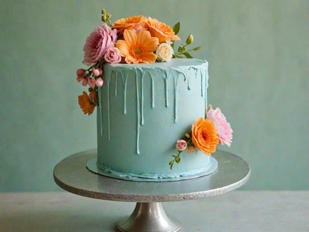 Create an image of a two-tiered cake with a light blue frosting. The cake should be adorned with colorful, delicate flowers in shades of pink, orange, and yellow, cascading down the sides. It should be displayed on a shiny silver cake stand, set against a lush green background.