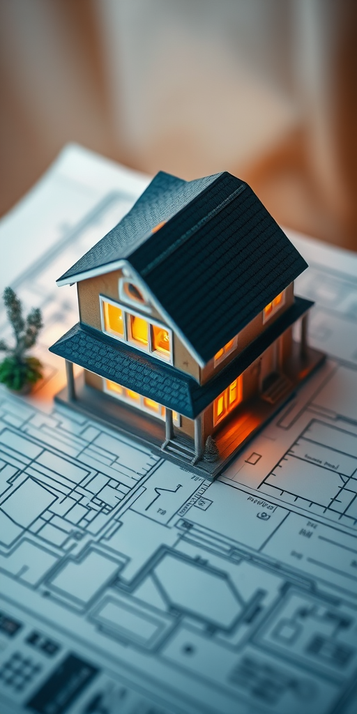 miniature house on blueprints with soft focus background, captured with a DSLR camera, aperture f/2.8, shutter speed 1/60s, ISO 100, 50mm lens, top-down view, warm lighting