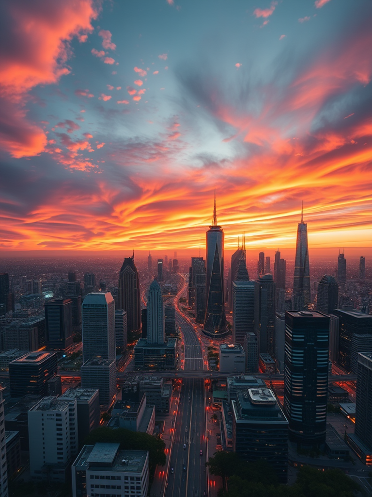 Create a high-resolution image of a futuristic cityscape at sunset, with vibrant colors in the sky, using a DSLR camera at f/8, ISO 200, 1/60s shutter speed, wide-angle lens, panoramic view.