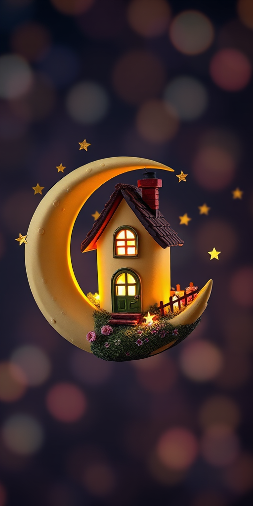 A whimsical cottage on a crescent moon surrounded by twinkling stars, in vibrant colors, captured with a Canon EOS R5, 50mm lens, aperture f/2.8, ISO 100, 1/125s, soft focus with a dreamy bokeh background.