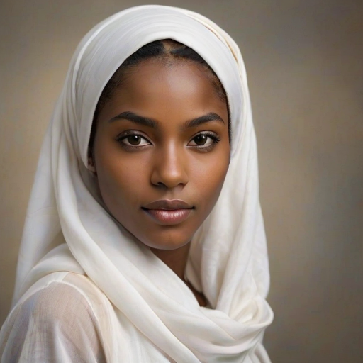 Create a portrait of a young Afro-Caribbean female with long, dark hair and captivating hazel eyes. She is wearing a white headscarf and a matching scarf draped gracefully around her neck. The background is softly blurred, focusing attention on her serene and natural expression. The overall color palette is muted and warm, enhancing the intimate and authentic feel of the portrait.