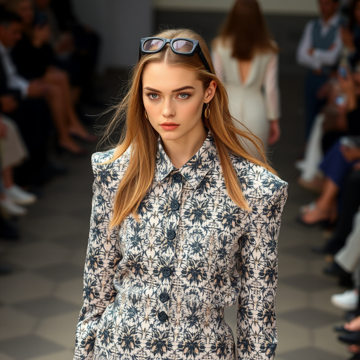 Capture the model from a high angle, emphasizing the outfit’s pattern and silhouette. Use a 35mm prime lens to maintain sharpness and minimize distortion