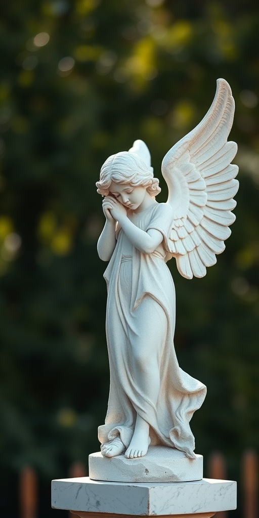 Capture a high-resolution image of a white angelic statue with detailed wings, using a DSLR camera with a 50mm lens, aperture set to f/1.8 for shallow depth of field, ISO 100 for clarity, and soft natural lighting against a blurred background for emphasis on the sculpture.