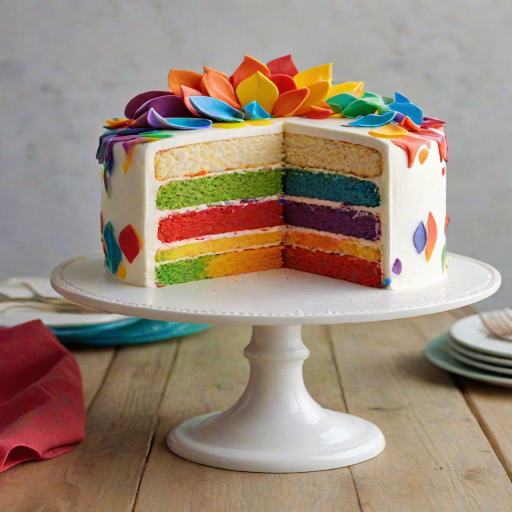 Create an image of a multi-layered cake decorated with a vibrant rainbow pattern made of petal-shaped fondant pieces. The top should feature shades of red, transitioning through orange, yellow, green, blue, and ending with purple at the bottom. The cake should have a smooth white frosting base and be displayed on a simple white cake stand.