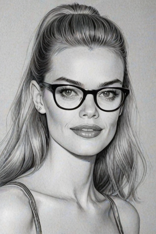 Delightful Jaime King, pencil sketch, portrait of Pleasing woman 1980s in glasses, hair style beatnik, outline, clear lines, fine lines, 8k