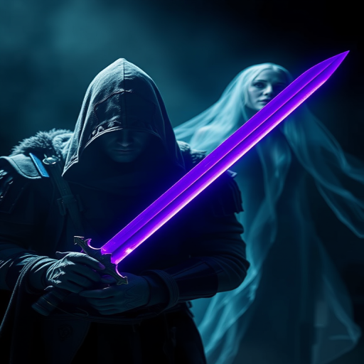 A fantasy scene featuring a hooded warrior with a sword glowing purple, alongside a ghostly figure of a woman, captured in dramatic low light with a 50mm lens, f/1.8 aperture, ISO 200, and soft focus for an ethereal effect, high dynamic range.