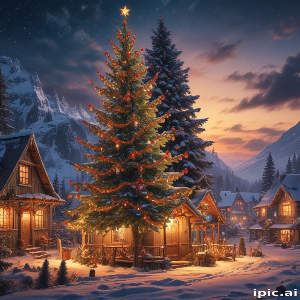 Charming Winter Village Scene with Decorated Christmas Tree at Dusk