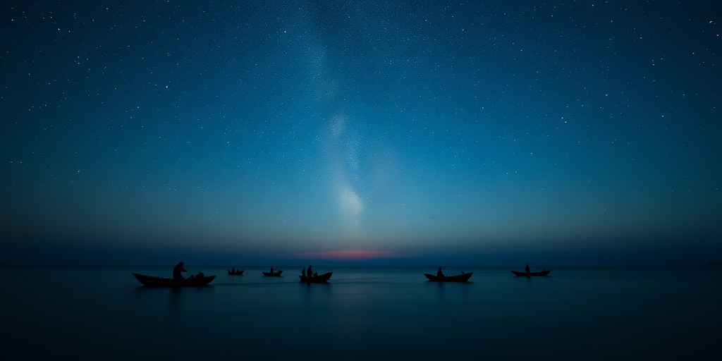 capture a serene night scene of fishermen in small boats on a calm ocean under a starry sky with a nebula visible, use a DSLR camera with a 24mm lens, aperture f/2.8, ISO 800, long exposure time of 15 seconds, and a slightly elevated viewpoint to enhance the depth and vastness of the sky