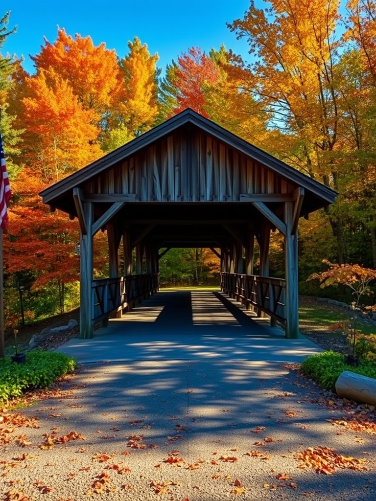 A picturesque covered bridge surrounded by autumn foliage, captured with a Canon EOS R5, 24mm lens, f/8 aperture, ISO 100, 1/200 sec shutter speed, using a wide-angle view for vibrant colors and sharp details in a sunny landscape.