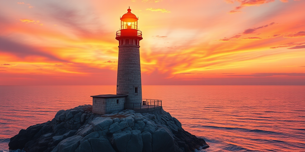 Generate an image of a tall lighthouse perched on a rocky outcrop surrounded by calm ocean waters during a breathtaking sunset. The lighthouse stands sturdy and weathered, its stone surface illuminated by the warm golden light of the setting sun. The sun's rays pass directly through the glass lantern room at the top of the lighthouse, casting a brilliant light across the scene. The sky is painted with vibrant shades of orange, pink, and purple, reflecting off the tranquil sea. The surrounding water shimmers with the same warm hues, creating a serene and majestic atmosphere.