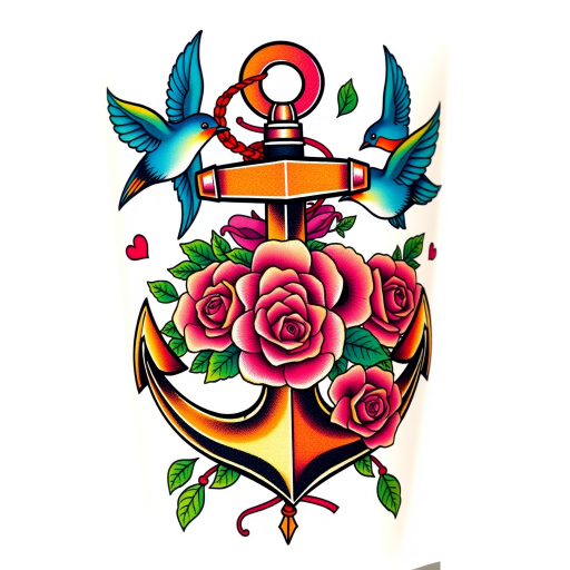 Colorful neo-traditional tattoo named "Sailor's Fortune" featuring a bold anchor entwined with vibrant roses, swallows, and nautical elements, incorporating thick outlines and saturated hues