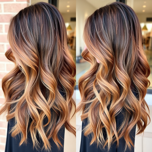 Multidimensional ash brown to caramel ombré known as "Autumn Whisper" styled in loose, effortless waves with face-framing highlights for a sun-kissed effect