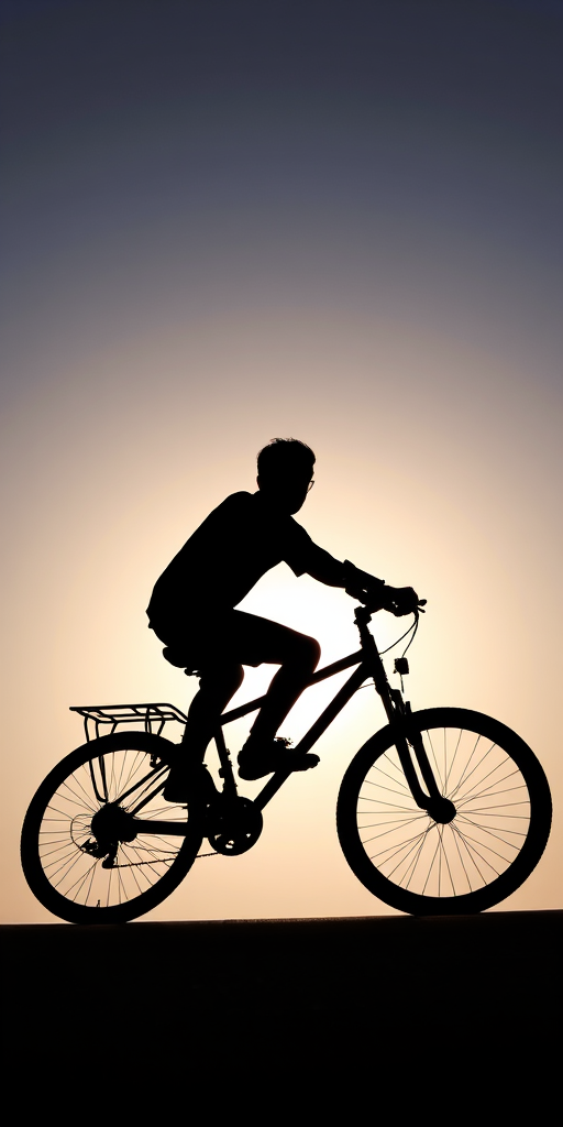 Create a high-resolution image of a stylized black silhouette of a person riding a bicycle, captured with a DSLR camera at f/8 aperture, ISO 100, 1/500 sec shutter speed, from a low angle view, with a soft gradient background for contrast.