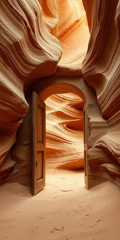 Regenerate the image of a weathered stone doorway in a sandy cave with swirling sandstone walls, soft diffused lighting, focal length of 35mm, aperture f/4, ISO 200, using a DSLR camera, wide-angle view to enhance depth and texture.