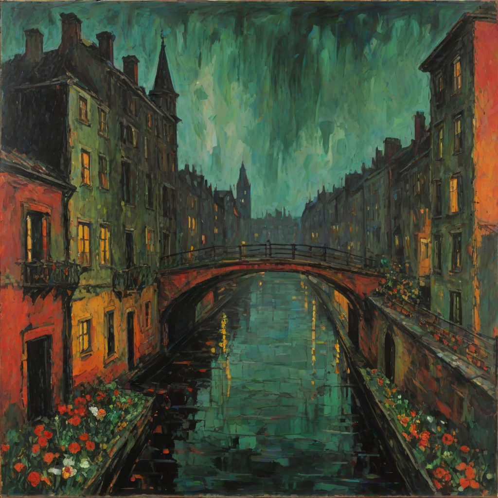 Misty Night, october. Half the frame is occupied by the wall of an old lonely towerhouse. Garlands of flowers hang from the windows. The rest of the frame is a view of the canal and bridge. Abstract expressionism, grunge impasto red orange, black, green intense oil colors on canvas. Jackson Pollock's, naive childish lines, microsplashes. Disturbing, depressive.