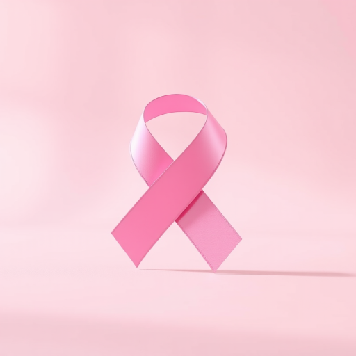 create a 3D rendering of a pink ribbon on a smooth background, using a DSLR camera with a focal length of 50mm, aperture set to f/2.8, ISO 100, shot in soft natural lighting, capture with a shallow depth of field and a studio setup to enhance image quality