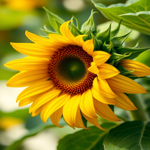 Create a high-resolution digital illustration of a sunflower with vibrant yellow petals and detailed green leaves, using a DSLR camera with a 50mm lens, f/2.8 aperture, ISO 100, soft lighting from the left, and a shallow depth of field to enhance the focus on the flower.