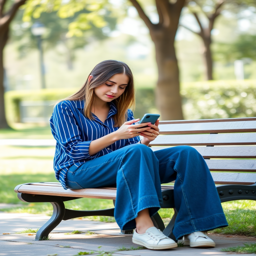 portrait of a young woman sitting on a park bench, casually dressed in a blue striped shirt and wide-leg jeans, using a smartphone, natural sunlight, shallow depth of field, aperture f/2.8, ISO 100, shutter speed 1/200s, captured with a DSLR camera, 50mm lens, vibrant colors and soft bokeh effect in the background