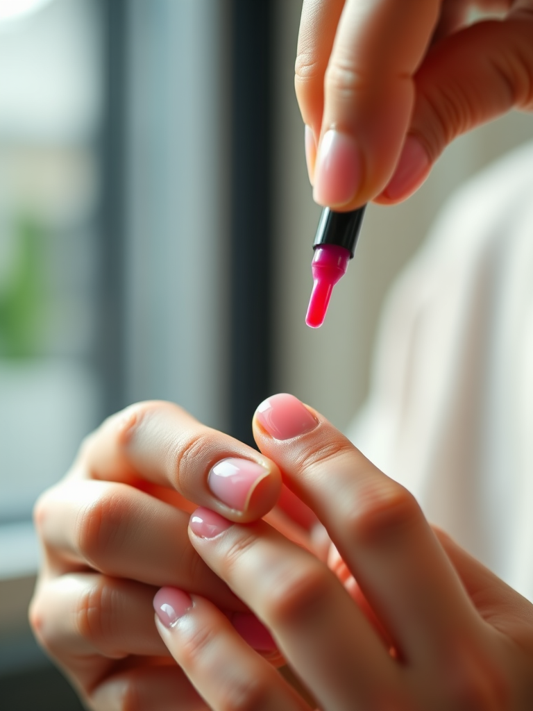 Close-up shot of a person's hands applying nail polish with soft natural lighting, aperture f/2.8, shutter speed 1/60s, ISO 200, 50mm lens, DSLR camera, shallow depth of field.