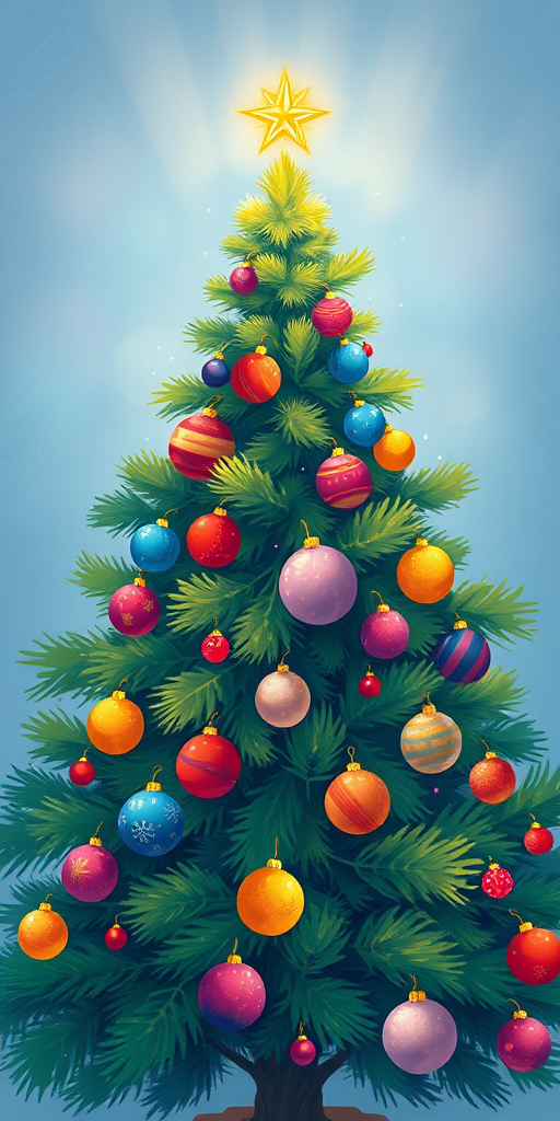 Create a vibrant illustration of a Christmas tree adorned with colorful ornaments and a star on top, using a digital painting style with soft pastels, shot from a slightly elevated angle, using a Canon EOS R5 with a 50mm f/1.2 lens at f/2.8, ISO 100, 1/200 sec.
