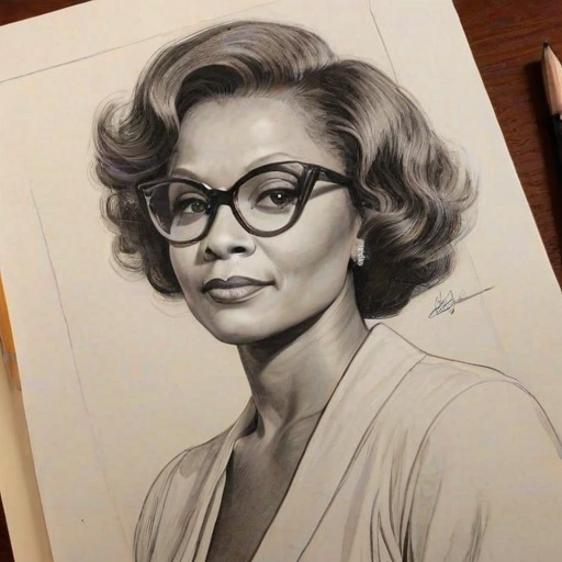 Elegant Leslie Uggams, pencil sketch, portrait of Splendid woman 1920s in glasses, hair style beatnik, outline, clear lines, fine lines, 8k