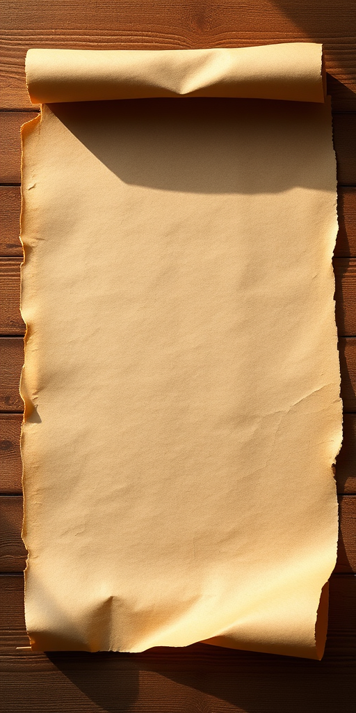 Create a high-quality image of an empty parchment scroll with curled edges, using a DSLR camera with a 50mm lens, aperture f/2.8, ISO 100, in a flat lay view, with soft natural lighting for enhanced texture detail.