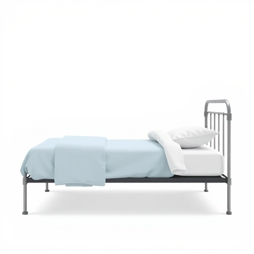 create a digital illustration of a simple bed with a metal frame, featuring a neatly made light blue and white bedspread, set against a plain white background, captured with a Nikon D850 camera, 50mm lens, f/8 aperture, 1/125 shutter speed, and natural light for optimal clarity and detail