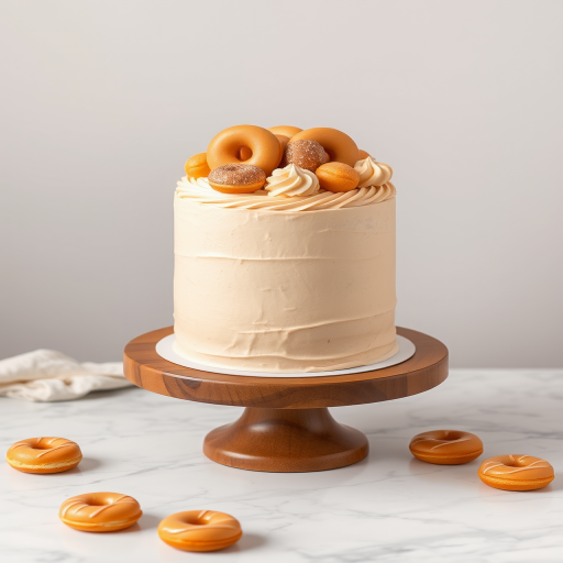 Create an image of a tall cake with smooth beige frosting topped with mini donuts and decorative swirls of frosting on a wooden cake stand surrounded by small donuts on a marble surface with a light background.