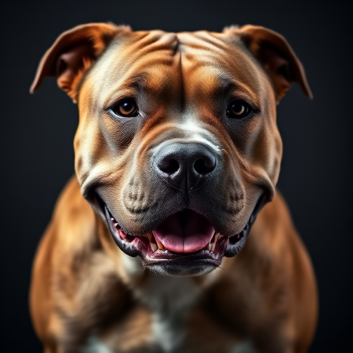 highly detailed portrait of a muscular dog with a glossy coat and expressive face, studio lighting, shallow depth of field, f/2.8 aperture, 50mm lens, ISO 200, natural light to enhance textures and colors