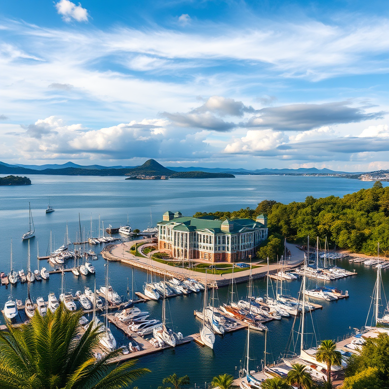 Create a high-resolution image of a marina filled with sailboats, featuring a scenic waterfront building surrounded by lush greenery and distant hills under a partly cloudy sky, captured with a DSLR camera at f/8 aperture, ISO 100, 1/200 sec shutter speed from a bird's eye view perspective.