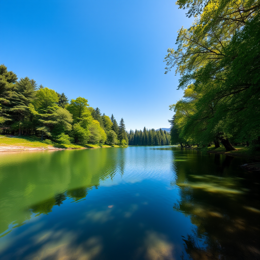 Generate an image of a tranquil landscape featuring a serene lake surrounded by lush green trees under a clear blue sky, shot with a Canon EOS 5D Mark IV, 24mm focal length, f/8 aperture, ISO 100, using a wide-angle lens for depth and clarity.