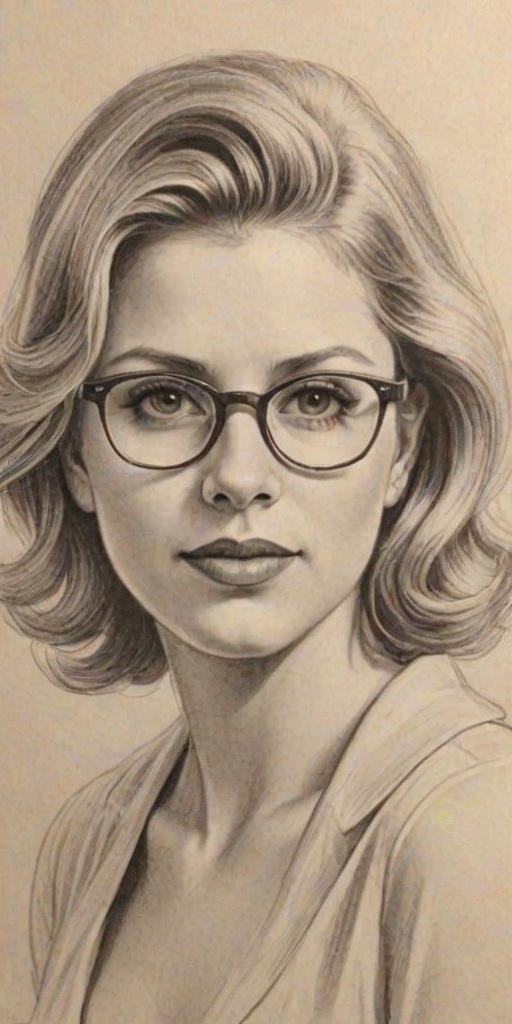 Fascinating Jodie Sweetin, pencil sketch, portrait of Beauteous woman 1931s in glasses, hair style beatnik, outline, clear lines, fine lines, 8k